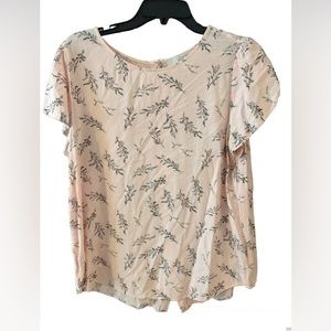 PRICE CUT LOFT blouse, pale pink black grey floral print, Cap sleeves, L